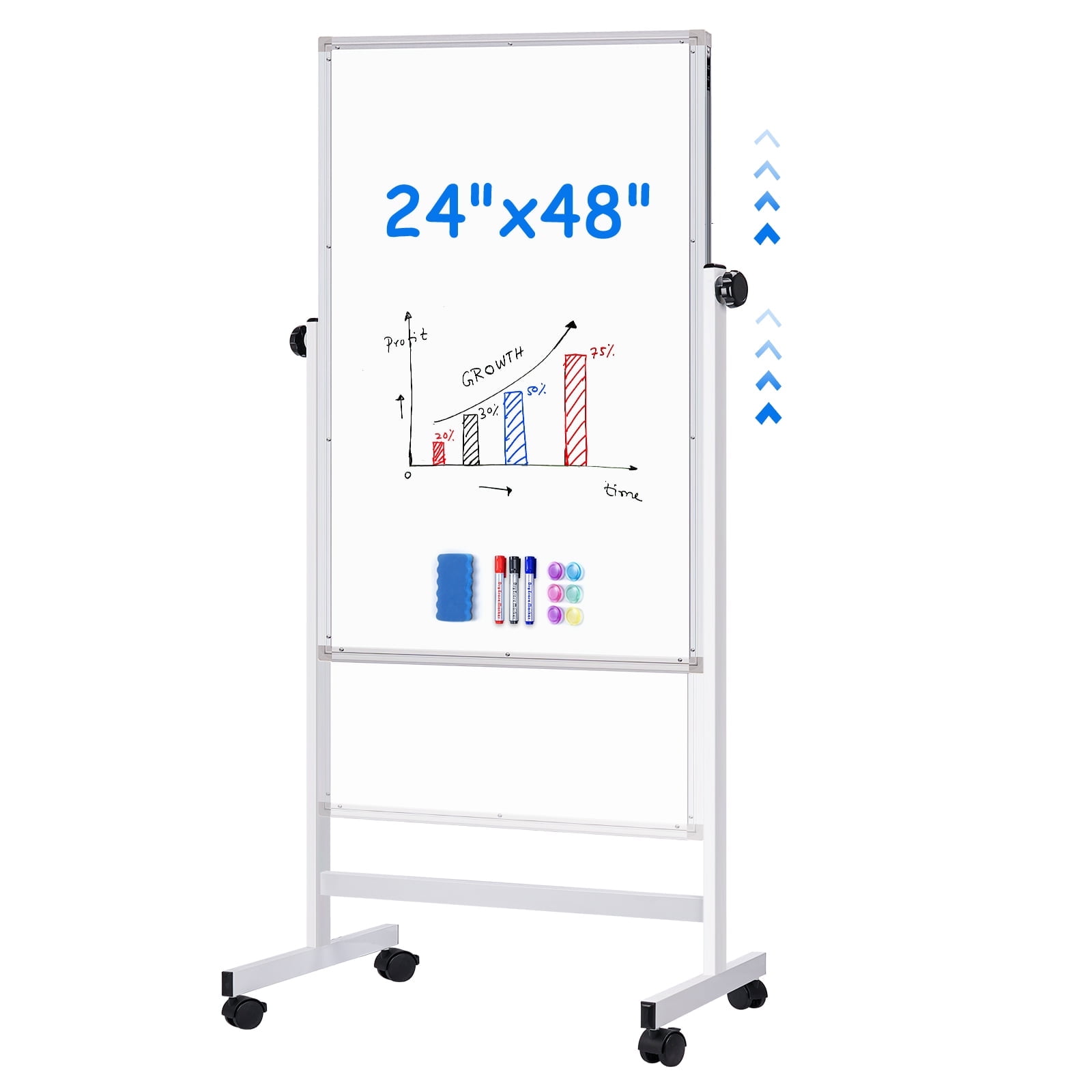 Maxtek Rolling White Board, 48 x 24 Height Adjustable Whiteboard on Wheels, Large Magnetic Standing Mobile Easel Board, Double-Sided with Stand for Office, Home, and Classroom