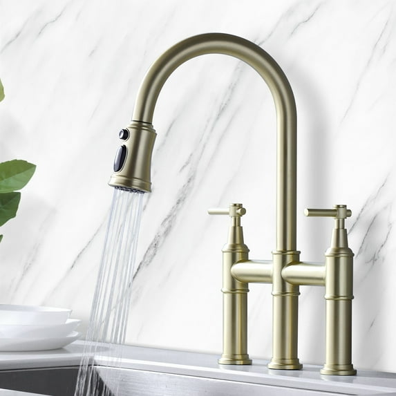 maxwellbathroomandki Transitional Bridge Kitchen Faucet with Pull-Down Sprayhead, Double Handle Kitchen Sink Faucet Brushed Gold Brushed