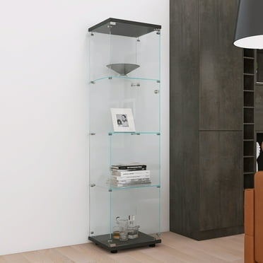 mayceyee 4-Tier Glass Display Cabinet with Metal Lock, 5mm Tempered Glass Curio Cabinet Collection Display Case, Floor Standing Glass Curio Cabinet Showcase,16.7" W x 14.3" D x 64.5" H, Black