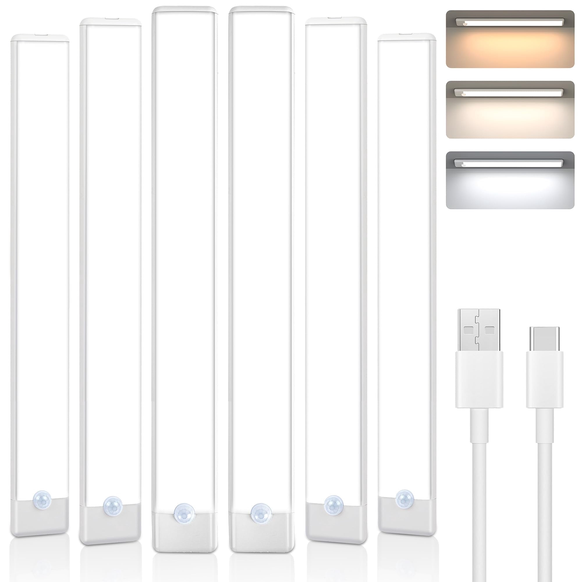 maylit 6 Pack Under Cabinet Lighting, 3 Color Temps Motion Sensor Light Indoor, Rechargeable Battery Operated Lights, Wireless Magnetic Light Bar for Kitchen Counter Closet Stair Shelf Display