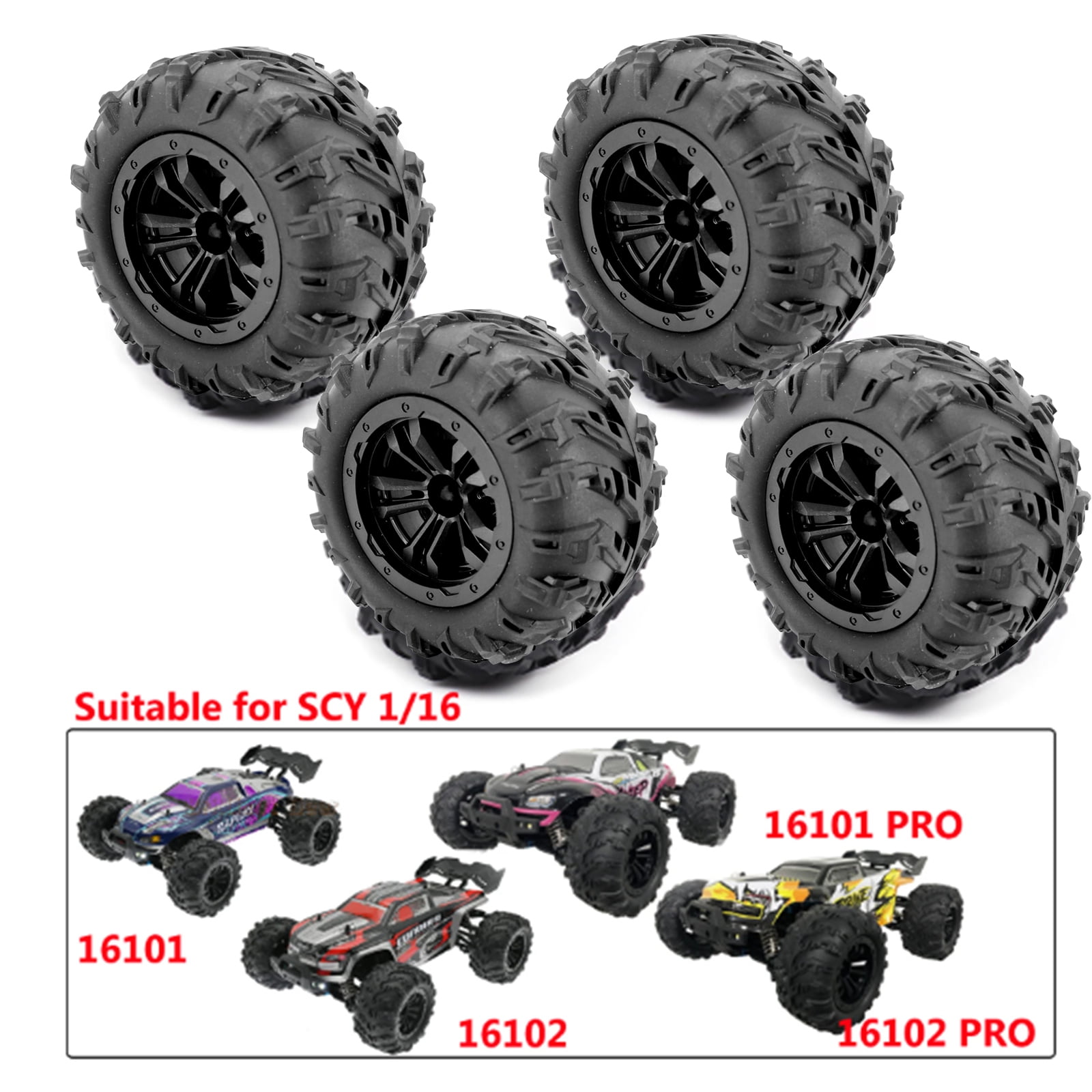 maytalsoy 4pieces 12mm Hex Monster Truck Wheel Tires For 1/16 SCY HBX Hyper Go Rc Rc Car Wheel Tire