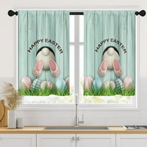 mayuai Easter Bunny Pink Kitchen Curtains, Blue Wooden Rabbit Short Window Curtains Set of 2, Window Treatment Tier Curtains for Kitchen Over Sink Bathroom Dining Room Decor (26x36 Inch)