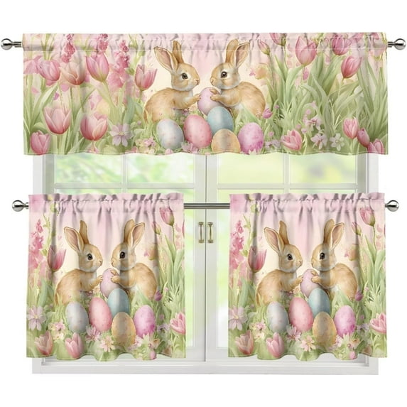 mayuai Eater Decorations 3Pcs Kitchen Curtains Set Bunny Eggs Tulips Window Valance Set Tier Bedroom Dining Room Cafe Office Living Room 54 x 18 inches + 27 x 24 inches *2