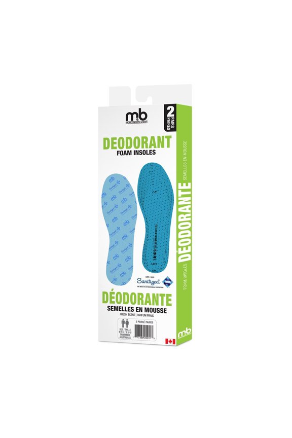 mb& Deodorant Foam Insoles, 2 Pairs, Light Blue, Men's 7-13/Women's 5-10