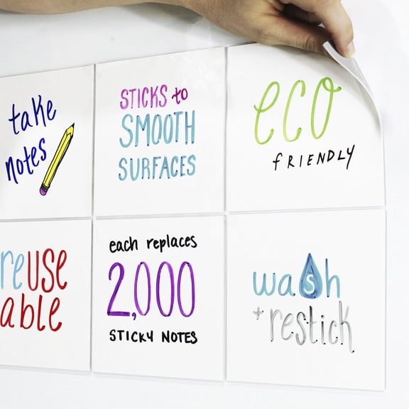mcSquares Stickies 5 inch Square 6 Pack Dry-Erase Sticky Notes - Reusable Whiteboard Stickers - Post Reminders, Labels, Lists, and Decals - Never Buy Paper Notes Again, Its Eco-Friendly!