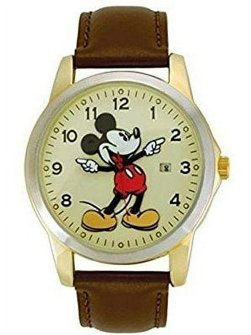 Disney MICKY Unisex Gold Tone Leather Classic Moving Hands Watch