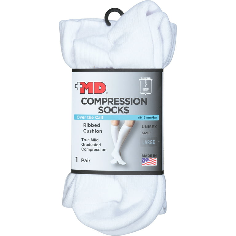 md usa ribbed cotton compression socks with cushion soles, white, large
