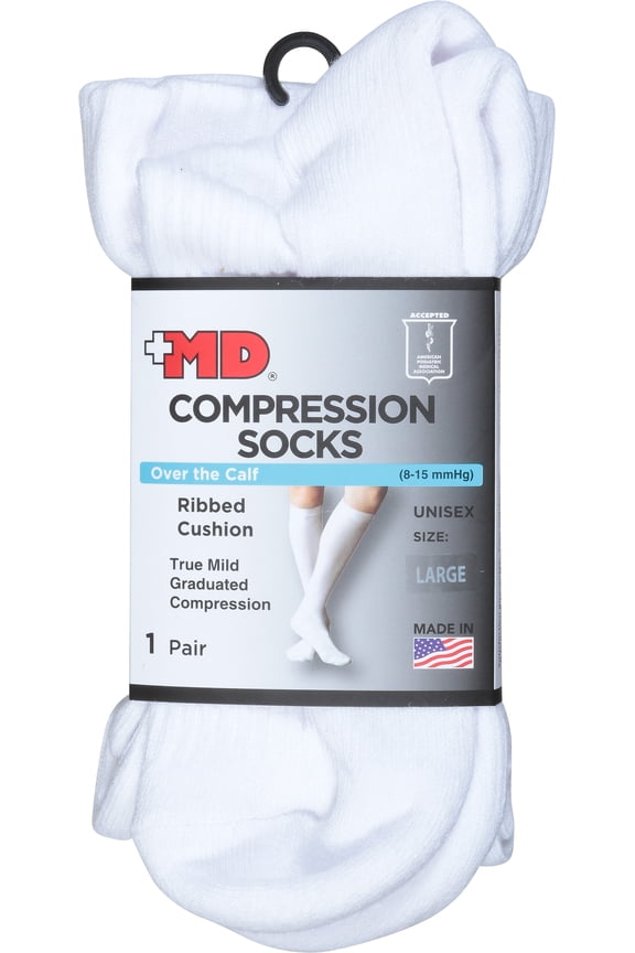 ribbed cotton compression socks with cushion soles, white, large