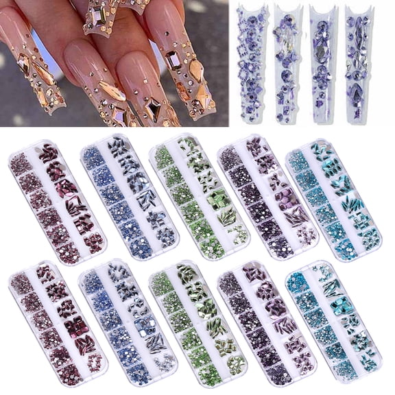 mdesiwst 1 Set 12 Grids Nail Art Rhinestone Kit Assorted Shape Glass Flatback Rhinestone DIY Nail Design Crafting Decoration Fake Gems