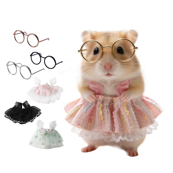 mdesiwst 1 Set Cute Hamster Costumes Mini Princess Dress And Metal Round Glasses Chipmunk Dress Up Outfit for Small Pets Daily Wear Photo Props