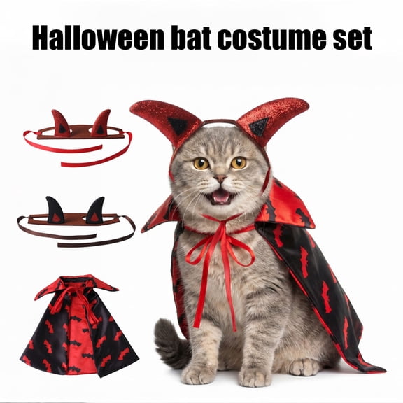 mdesiwst 1 Set Gothic Devil Pet Clothes, Adjustable Devil Horn Headband Bat Print Cloak, Halloween Dog Devil Costume Set for Cats Dogs Party Outfit Cosplay