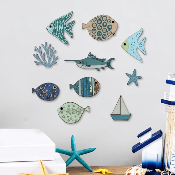 mdesiwst 10 Pcs Wood Nautical Wall Decor Rustic Beach Theme Fish Starfish Sailboat Coral Wall Art Coastal Ocean Hanging Sculpture for Living Room Bedroom
