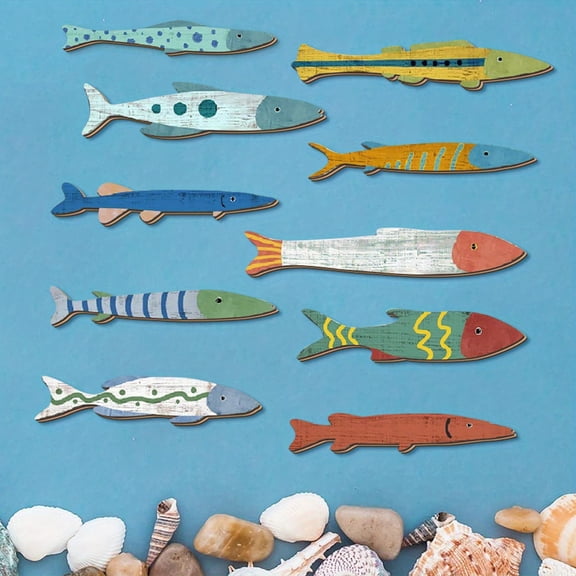 mdesiwst 10 Pcs Wooden Fish Wall Decor Hanging Coastal Beach Wall Art for Ocean Nautical Decor Vintage Fish Wall Sculpture for Lake House Bathroom Living Room