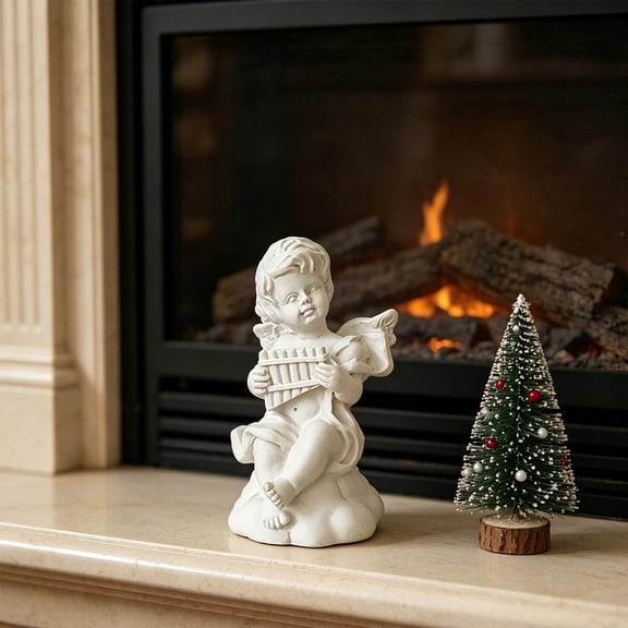 mdesiwst 2 Pcs Mini Cupid Figurine Small Resin Cherubs Playing Musical Instrument Statue Miniature Decorative White Angel Ornament for Home Office Tabletop Decor
