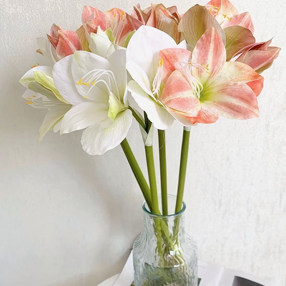 mdesiwst 22" Real Touch Artificial Amaryllis Bouquet Long Stem Fake Silk Flower with 2 Full Blooms And 1 Bud for Home Office Vase Floral Arrangements