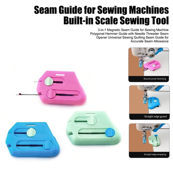 mdesiwst 3-in-1 Magnetic Seam Guide for Sewing Machine Polygonal Hemmer Guide with Needle Threader Seam Opener Universal Sewing Quilting Seam Guide for Accurate Seam Allowance