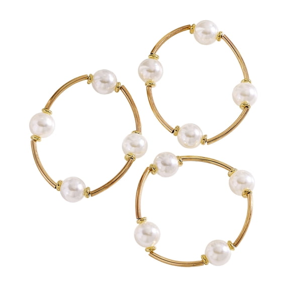mdesiwst 3Pcs Women Bracelet Adjustable Opening Design Imitation Pearl Stacking Bracelet Anti-Fading Alloy Versatile Jewelry Gift
