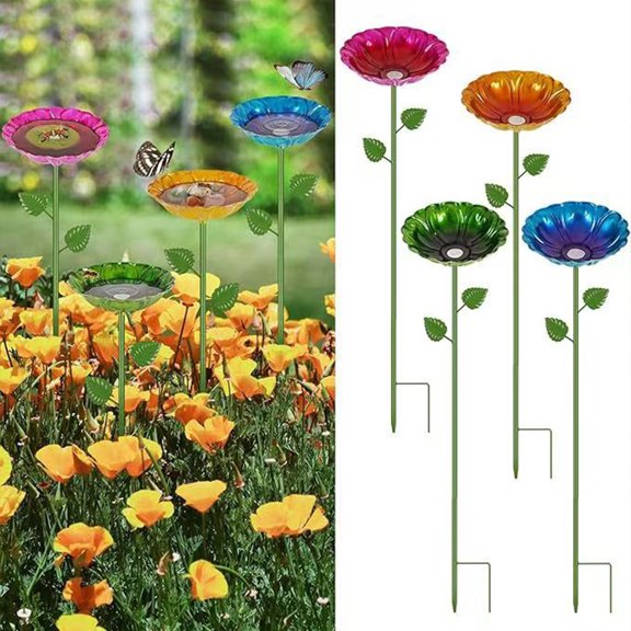 mdesiwst 4Pcs Metal Flower Bird Baths, Garden Stake Bee Water Feeder, Outdoor Pollinators Cup, Bee Drinking Station Feeder Tray for Hummingbirds Butterflies Bees Yard Decoration