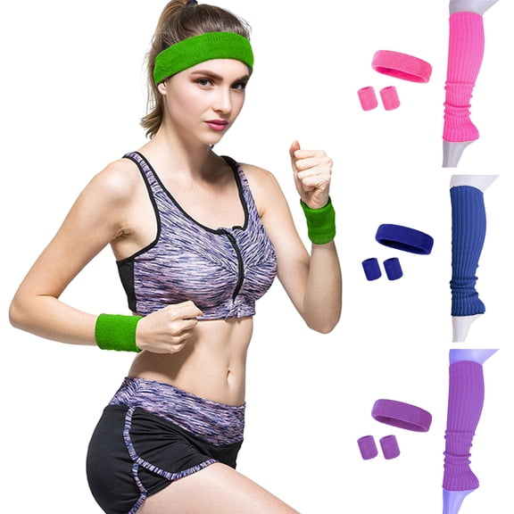 mdesiwst 4Pcs/Set Women Headband Wristband Leg Warmer Sweat Absorbing Yoga Pilates Gym Knitted Calf Compression Sleeve Workout Accessory
