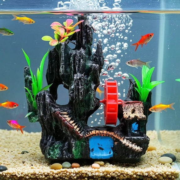 mdesiwst Aquarium Spinning Waterwheel, Fish Tank Ornament, Mini Rockery Mountain Waterwheel Air Bubbler, Aerating Action Ornament, Fish Hideout Cave for Betta Shrimp Tank Decor