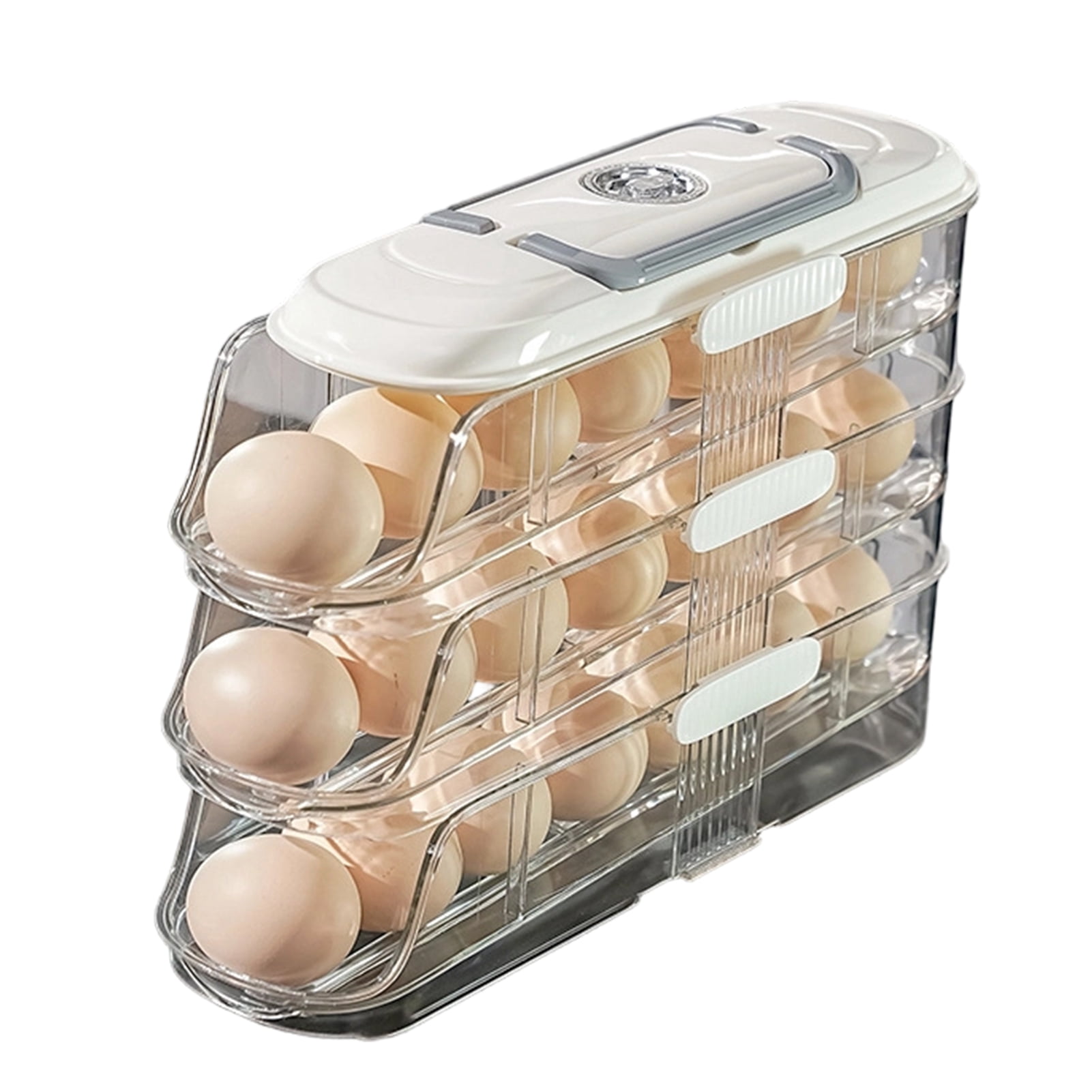 mdesiwst Automatic Rolling Egg Holder 1/2/3-Tier Kitchen Fridge Fresh Egg Storage Rack Plastic Egg Organizer Container Dispenser with Handle