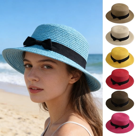 mdesiwst Beach Straw Hat Flat Top Wide Brim Sun Protection Hat with Black Ribbon Bow Hand-Woven Breathable Summer Hat