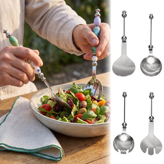mdesiwst Beadable Stainless Steel Salad Spoon, DIY Beaded Dessert Spoon with Blank Handle, 2-in-1 Kitchen Fork Spoon Flatware Tableware