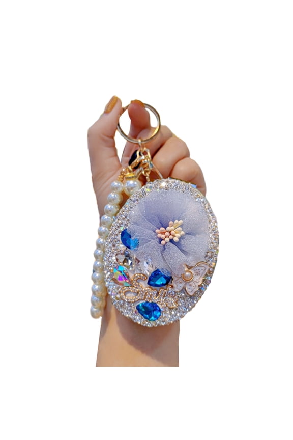 Bling Rhinestone Round Pocket Mirror with Metal Keychain Folding Double-Sided Makeup Mirror Bead String Charm for Purse Handbag Wallet Travel