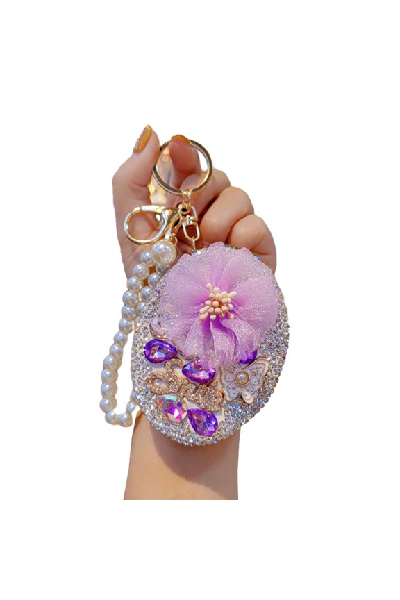 Bling Rhinestone Round Pocket Mirror with Metal Keychain Folding Double-Sided Makeup Mirror Bead String Charm for Purse Handbag Wallet Travel