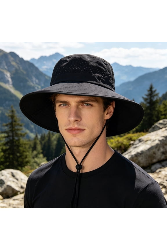 Bucket Hat Breathable Mesh Quick-Drying Fabric UPF Sun Protection Hat Large Brim Windproof Rope Outdoor Hiking Fishing Sun Hat