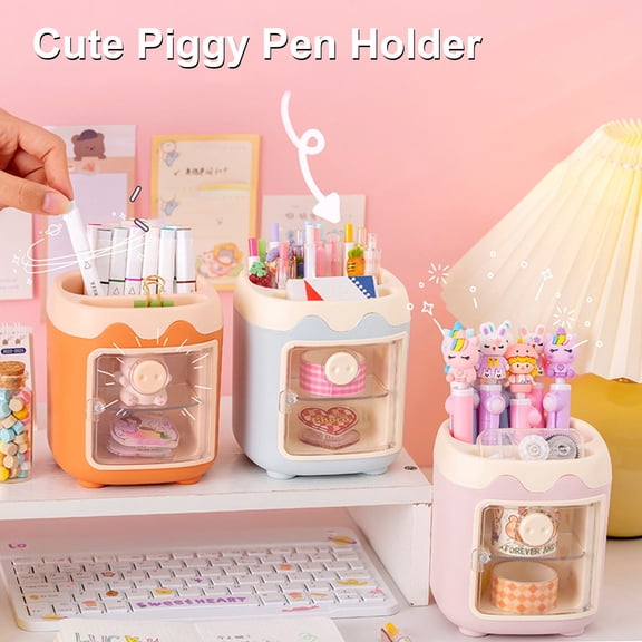 mdesiwst Cartoon Pig Pen Holder Multi-compartment Large Capacity Desk Organizer Box Stationery Storage Container Home Office Desktop Decoration Ornament