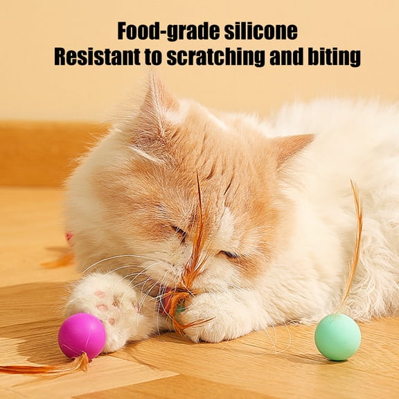 mdesiwst Cat Bouncy Ball Toy Silicone Ball Cat Chew Toy with Feathers Interactive Quiet Rolling Ball for Indoor Cats Biting Chewing Chasing