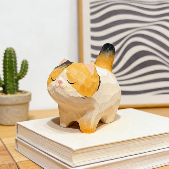 mdesiwst Cat Ornament Hand-Carved Wood Carving Compact Size Kitten Figure Wealth Symbol Desktop Car Bookshelf Decoration