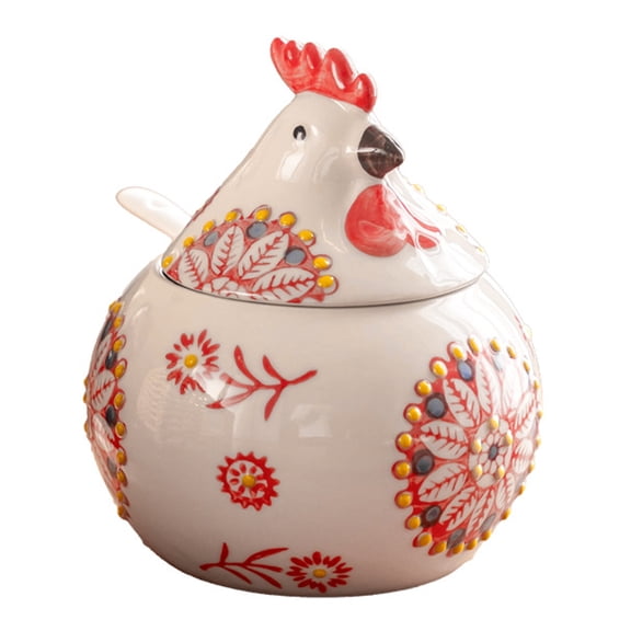 mdesiwst Ceramic Spice Jar 400ml Rooster Shape Cookie Jar with Lid Hand-Painted Floral Pattern Kitchen Container for Salt Sugar Pepper And Snacks Storage