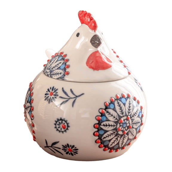 mdesiwst Ceramic Spice Jar 400ml Rooster Shape Cookie Jar with Lid Hand-Painted Floral Pattern Kitchen Container for Salt Sugar Pepper And Snacks Storage