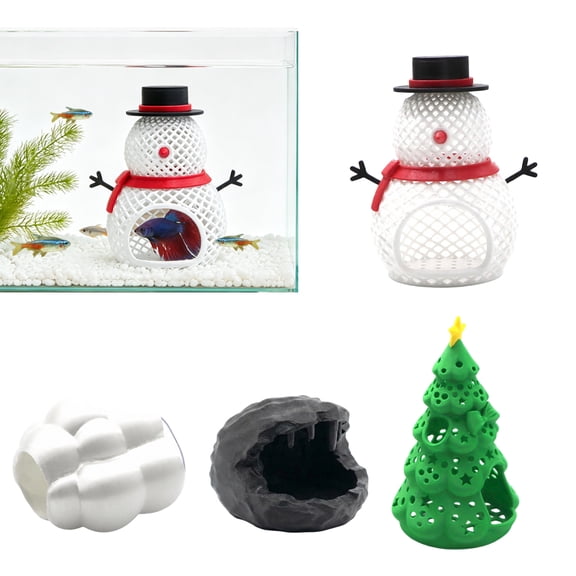 mdesiwst Christmas Aquarium Hideout Cave, 3D Printed Shrimp Cave, Snowman Tree Hideout for Betta Fish Shrimp Tank Decoration