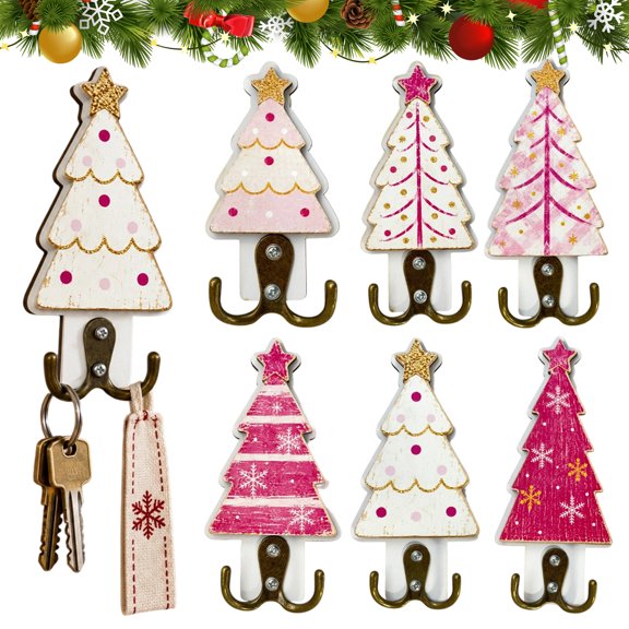 mdesiwst Christmas Key Holder for Wall, Pink Wooden Christmas Tree Hook, Decorative Wall Mounted Key Organizer for Entryway, Hallway, Office, Bathroom, Kitchen, Home Decor