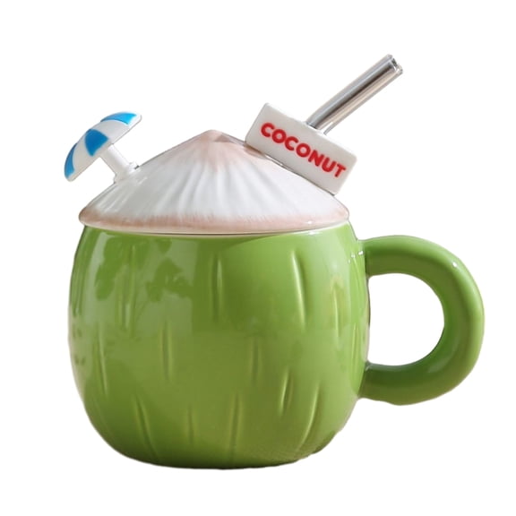 mdesiwst Coffee Cup Ceramic Coconut Shape Coffee Mug with Handle Lid Mini Umbrella Straw High Temperature Resistant Summer Drinkware