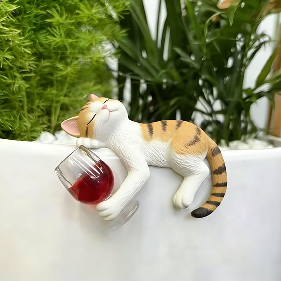 mdesiwst Cute Drinking Cat Figurine Kitten Holding Wine Glass Statue Resin Lying Kitty Ornament for Garden Planter Balcony Indoor Outdoor Shelf Decor