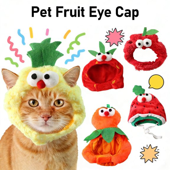 mdesiwst Cute Fruit Cat Hat Plush Pineapple Kitten Hat with Eyes Adjustable Watermelon Strawberry Soft Pet Hat for Cats And Small Dogs Party Costume Photo Prop