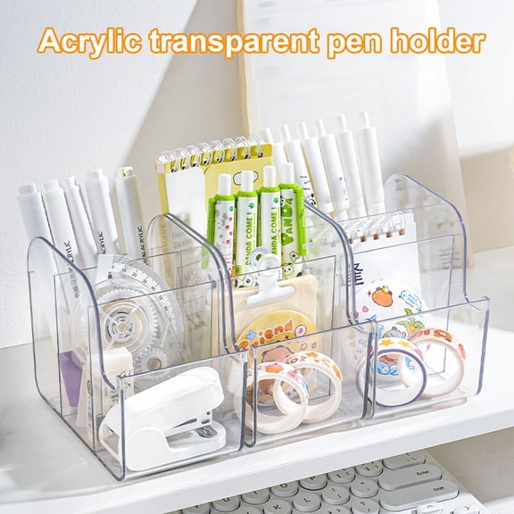 mdesiwst Desktop Storage Box with Mobile Phone Slot Transparent Acrylic 3-Compartment Organizer Clear Stationery Holder