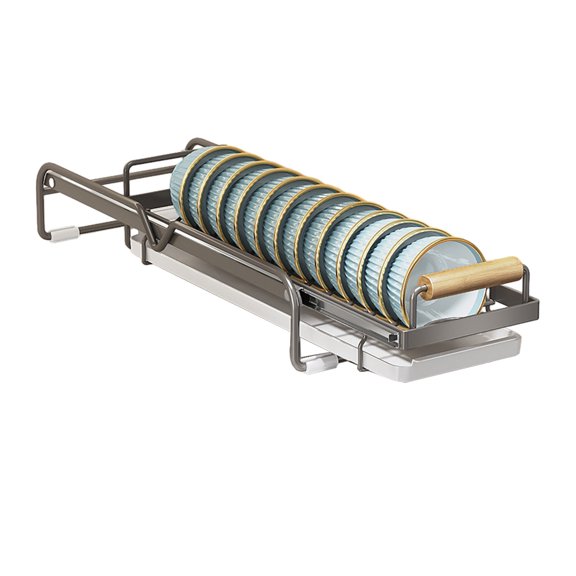 mdesiwst Dish Storage Rack Drawer Type Carbon Steel Frame Wooden Handle Organizer Rational Use of Space Drying Rack for Kitchen