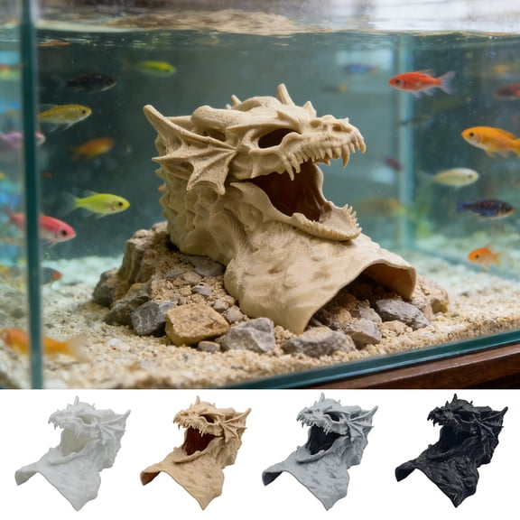 mdesiwst Dragon Design Aquarium Cave 3D Printed Fish Tunnel Hideout under Gravel Tunnel with Viewing Ports for Betta Shrimp Pleco Corydoras