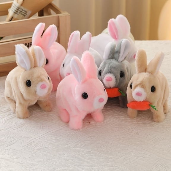 mdesiwst Electric Plush Bunny Toy with Carrot Interactive Walking Rabbit Plushie Handmade Toddlers Educational Jumping Simulation Stuffed Animal Toy