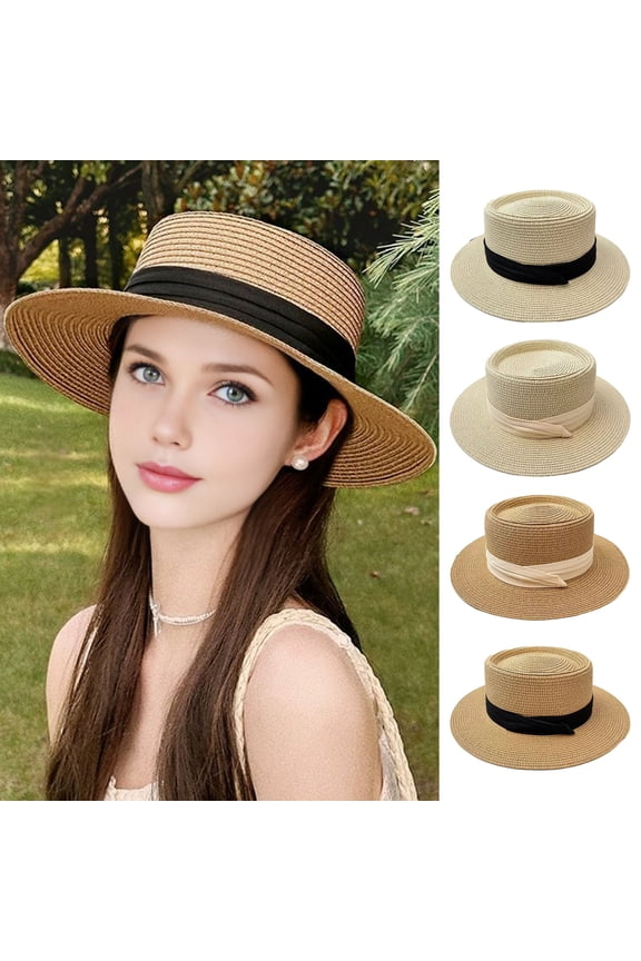 Flat Straw Hat Natural Straw Weaving Wide Brim Sun Hat Summer Beach Sun Protection Hat with Ribbon Bow