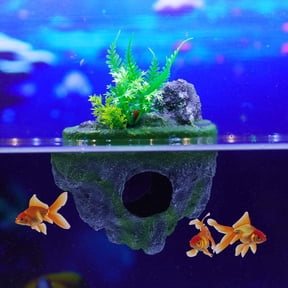 mdesiwst Floating Rock Aquarium Decoration, Realistic Moss Rock Ornament with Cave, Fish Tank Hideout Shelter for Betta Guppy Shrimp