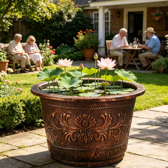 mdesiwst Flower Pot Thickened Resin Decorative Planter with Drainage Holes Large Capacity Bronze Embossed Outdoor Garden Flower Pot