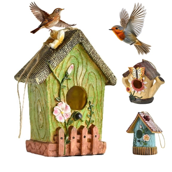 mdesiwst Garden Bird House Spacious Hole Hand-Painted Birdhouse Resin Waterproof Outdoor Hanging Birdhouse Sunproof for Bluebird Hummingbird Wren Finch Cardinals