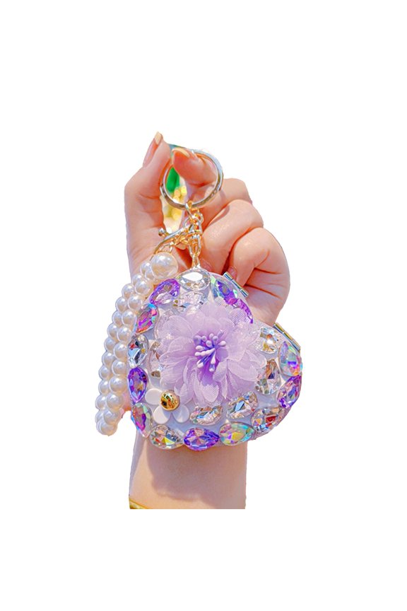 Girls Folding Mirror Keychain Rhinestone Makeup Mirror with Faux Pearl Chain Portable Small Folding Mirror Pendant for Touch-Ups Fashion Accessory Bag Charm
