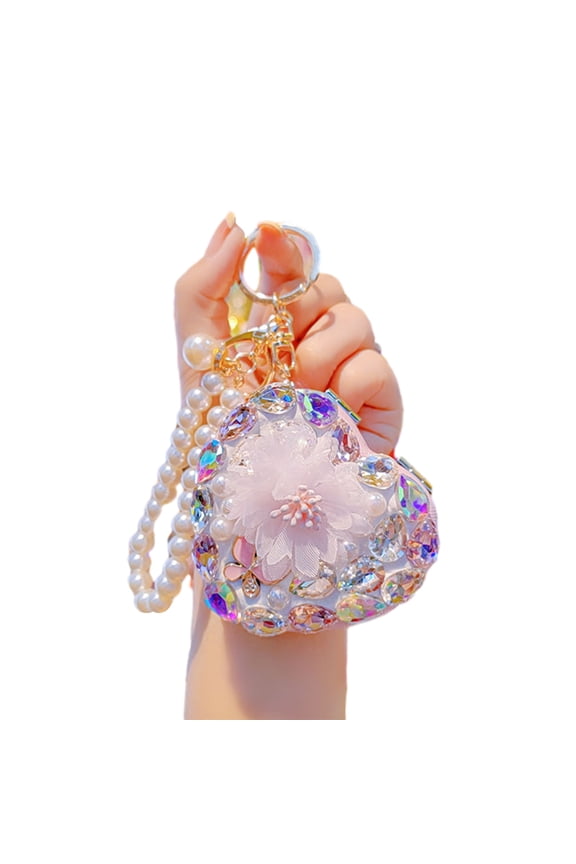 Girls Folding Mirror Keychain Rhinestone Makeup Mirror with Faux Pearl Chain Portable Small Folding Mirror Pendant for Touch-Ups Fashion Accessory Bag Charm